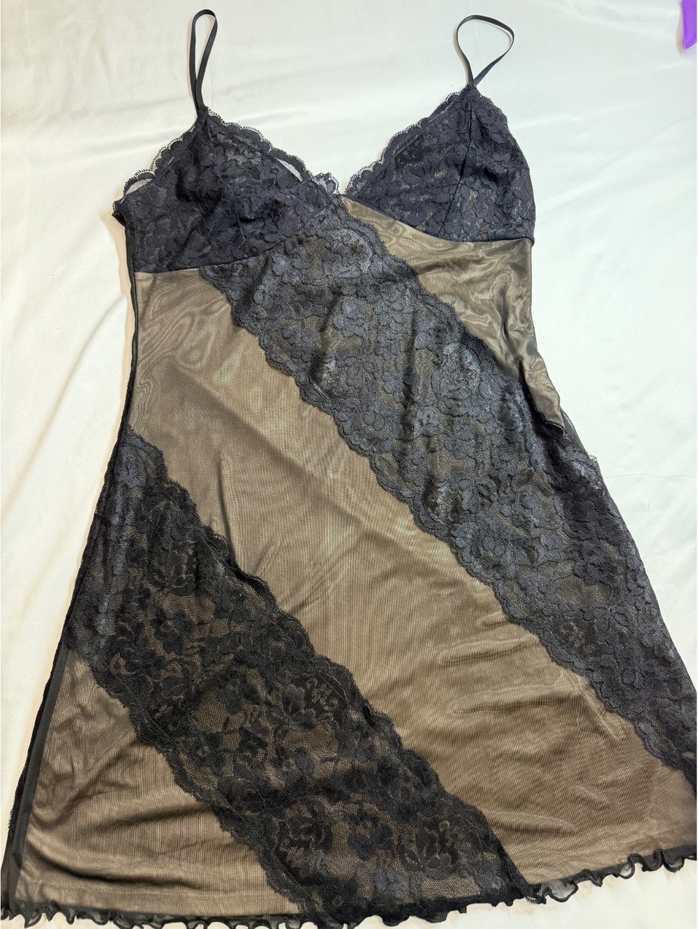 FOREVER 21 Women's Black Lace and Nude Mesh Mini Dress, Size Large, New with Tag